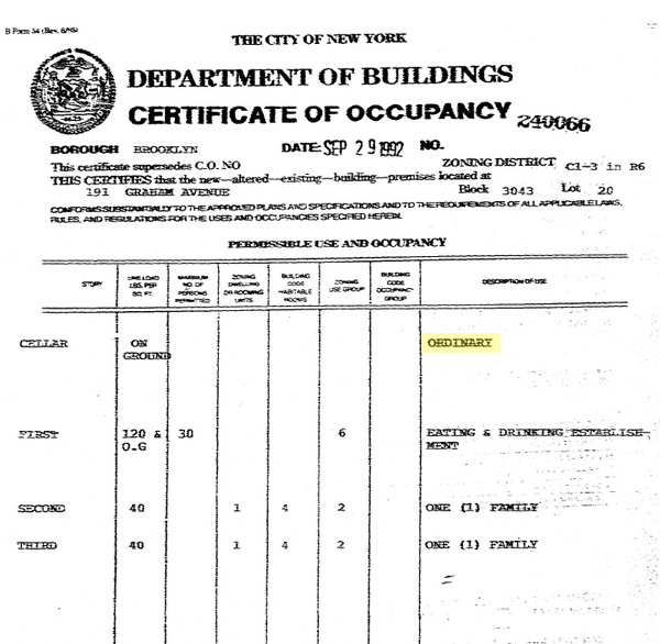 Brooklyn  CERTIFICATE O FOCCUPANCY